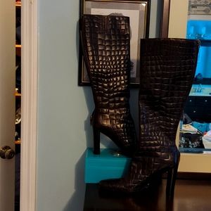 Via Spiga 7M Brown Embossed Croc Print Tall Boots